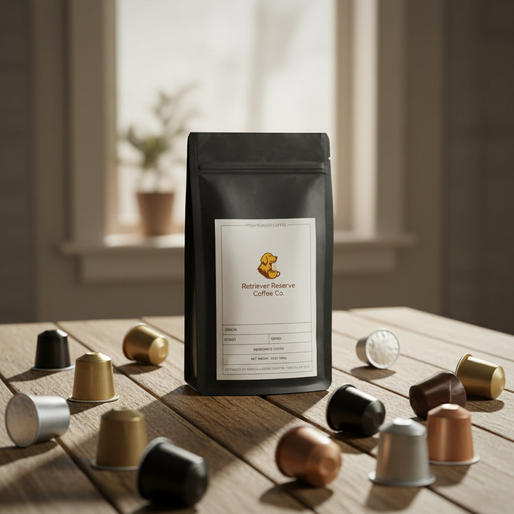 Black coffee bag with 'Retriever Reserve Coffee Co.' label on a white background