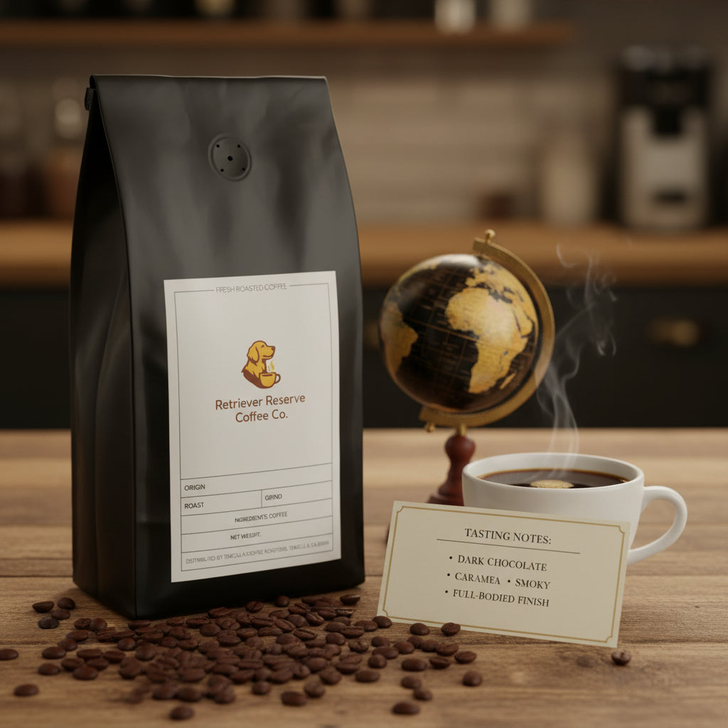 Black coffee bag with 'Retriever Reserve Coffee Co.' label on a white background