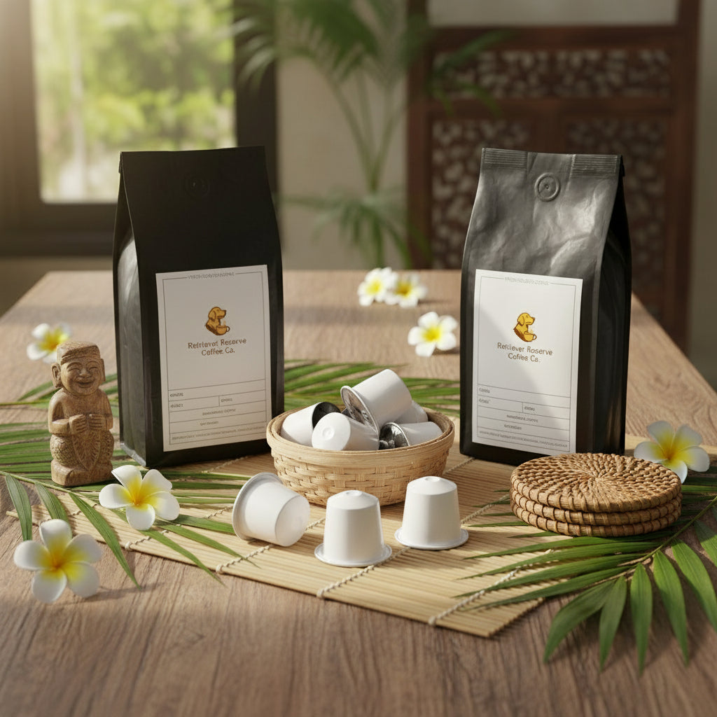 Black coffee bag with 'Retriever Reserve Coffee Co.' label on a white background