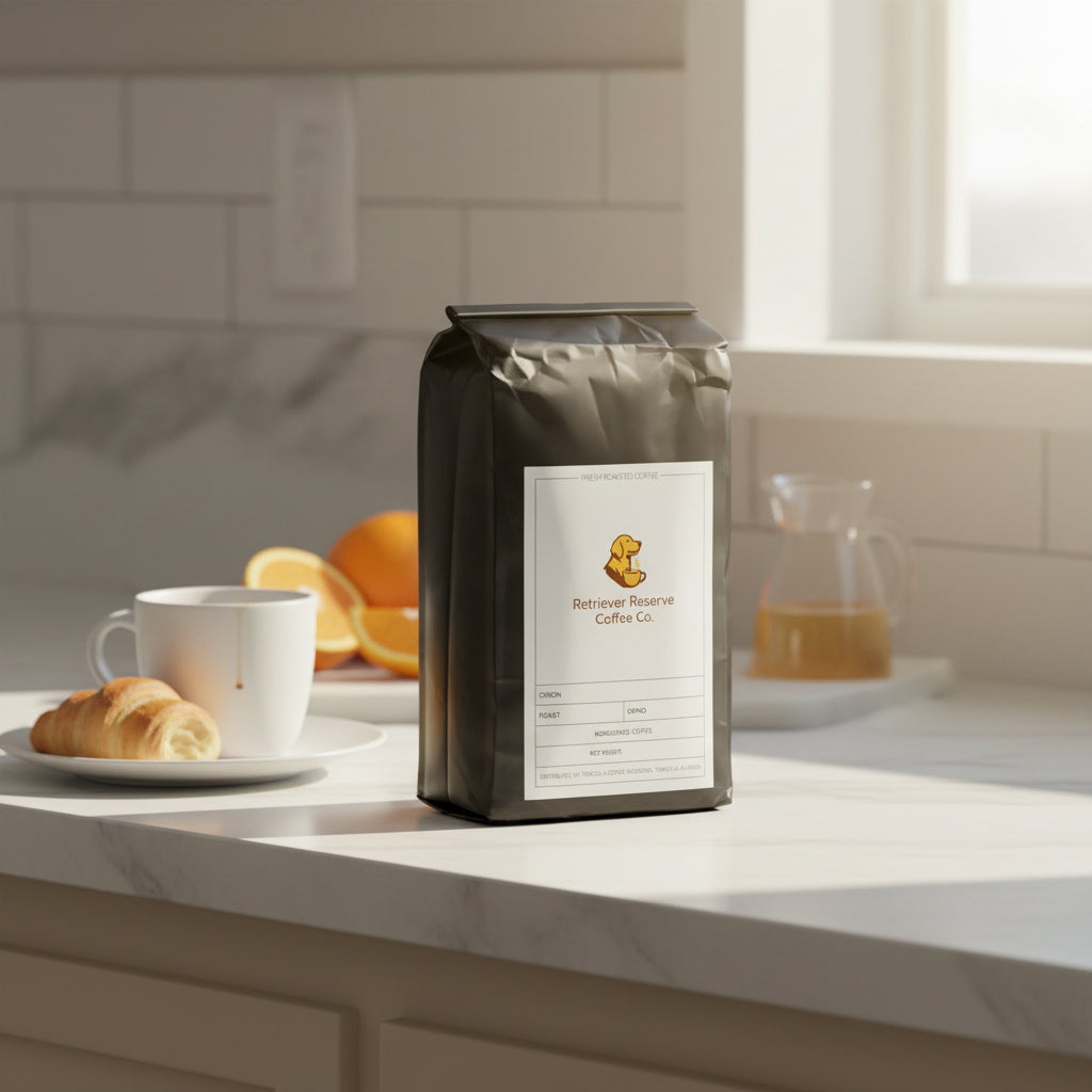 Black coffee bag with 'Retriever Reserve Coffee Co.' label on a white background