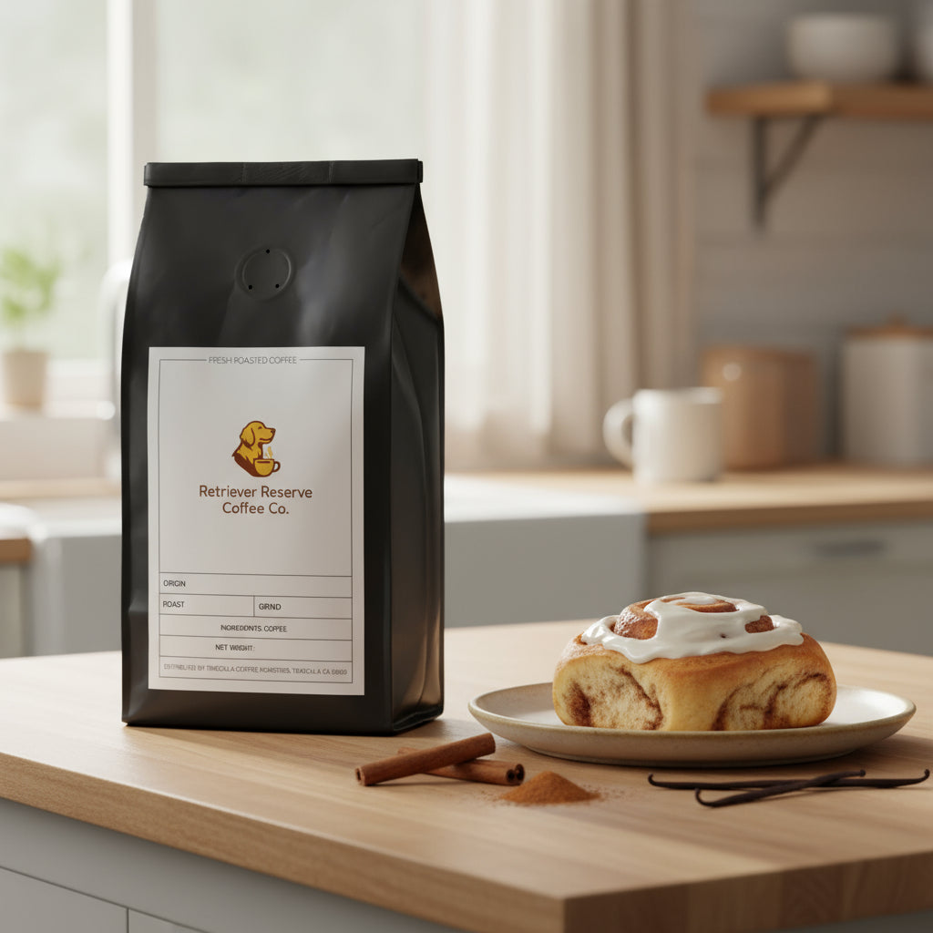 Black coffee bag with 'Retriever Reserve Coffee Co.' label on a white background