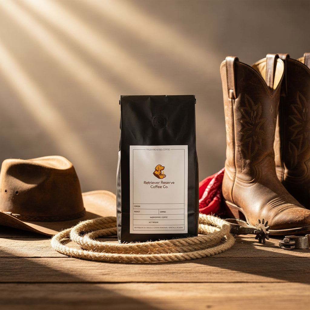 Black coffee bag with 'Retriever Reserve Coffee Co.' label on a white background