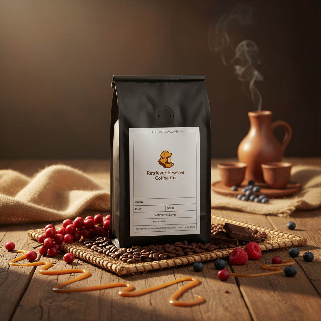Black coffee bag with 'Retriever Reserve Coffee Co.' label on a white background