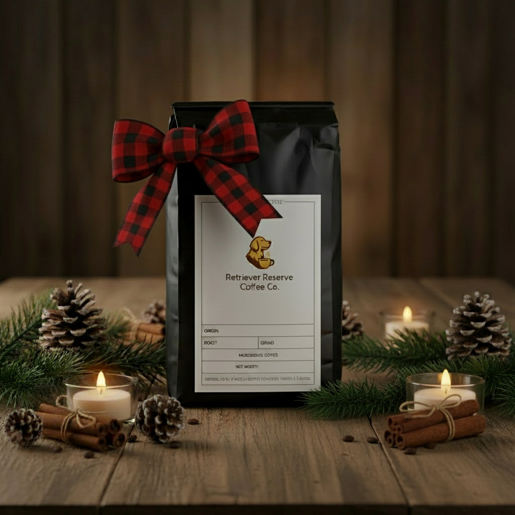 Black coffee bag with 'Retriever Reserve Coffee Co.' label on a white background