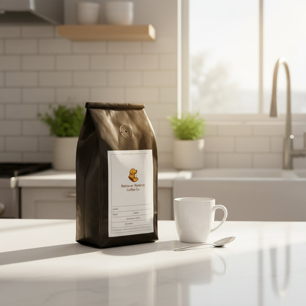 Black coffee bag with 'Retriever Reserve Coffee Co.' label on a white background