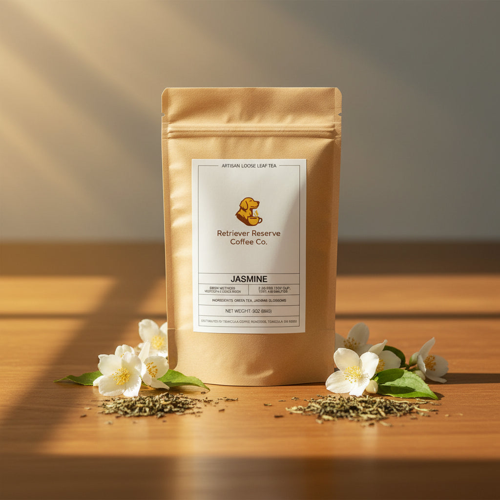 Kraft paper tea bag with a label for Retriever Reserve Coffee Co. on a white background
