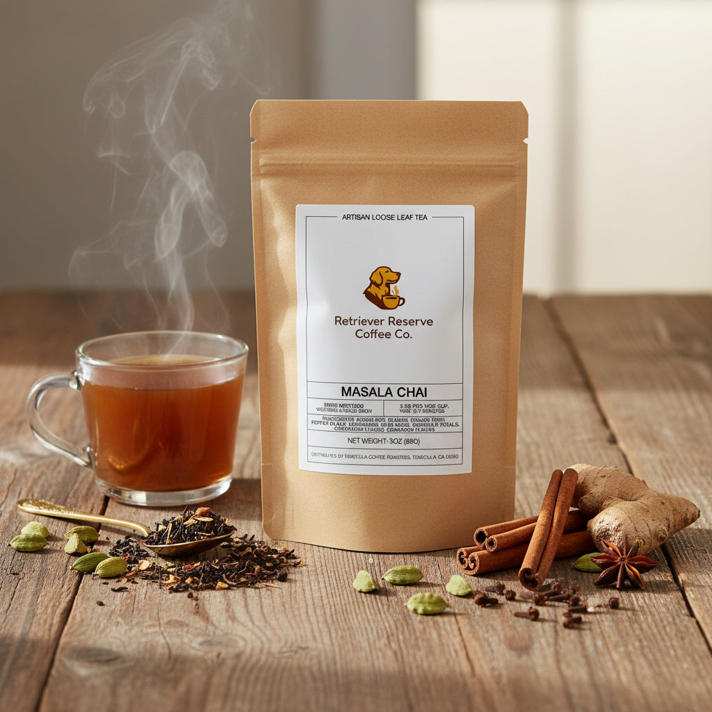 Kraft paper bag of Retriever Reserve Coffee Co. Masala Chai on a white background