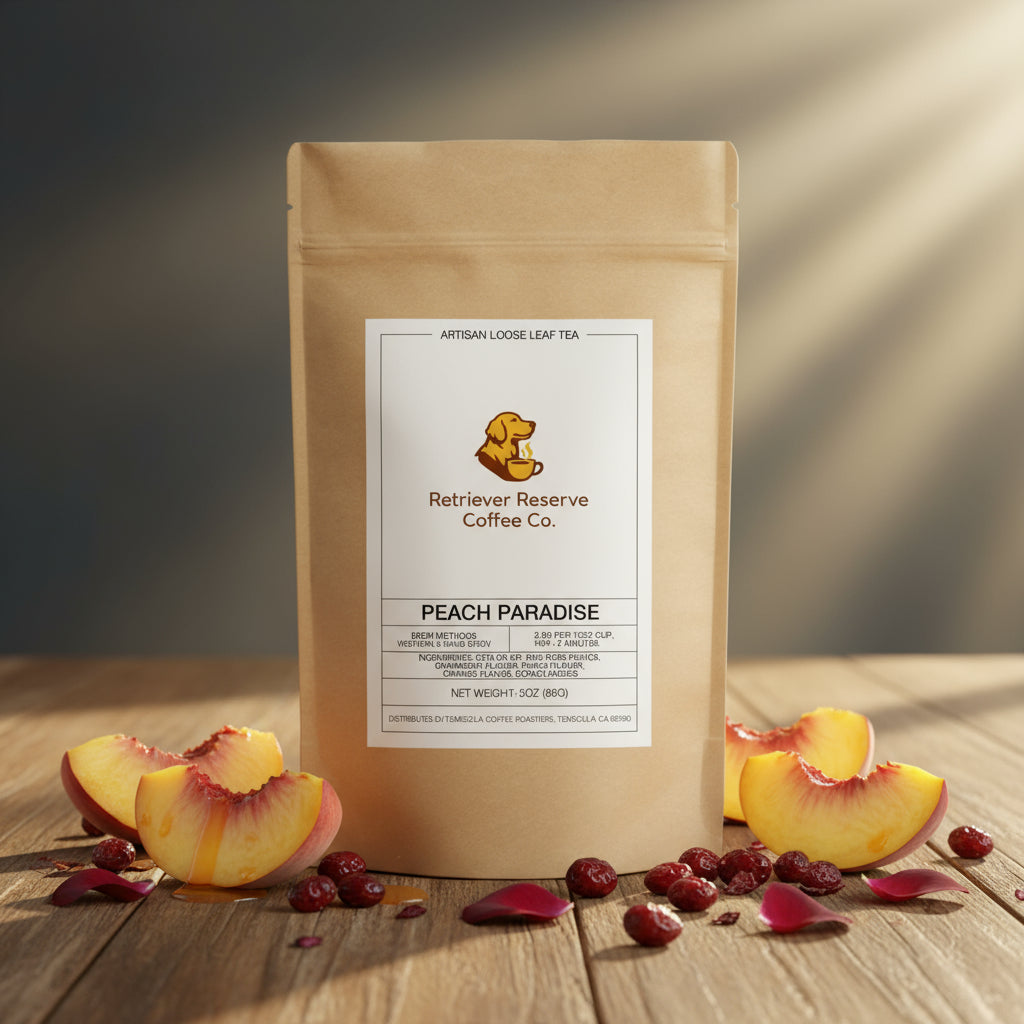 Kraft paper tea bag with 'Retriever Reserve Coffee Co.' label on a white background