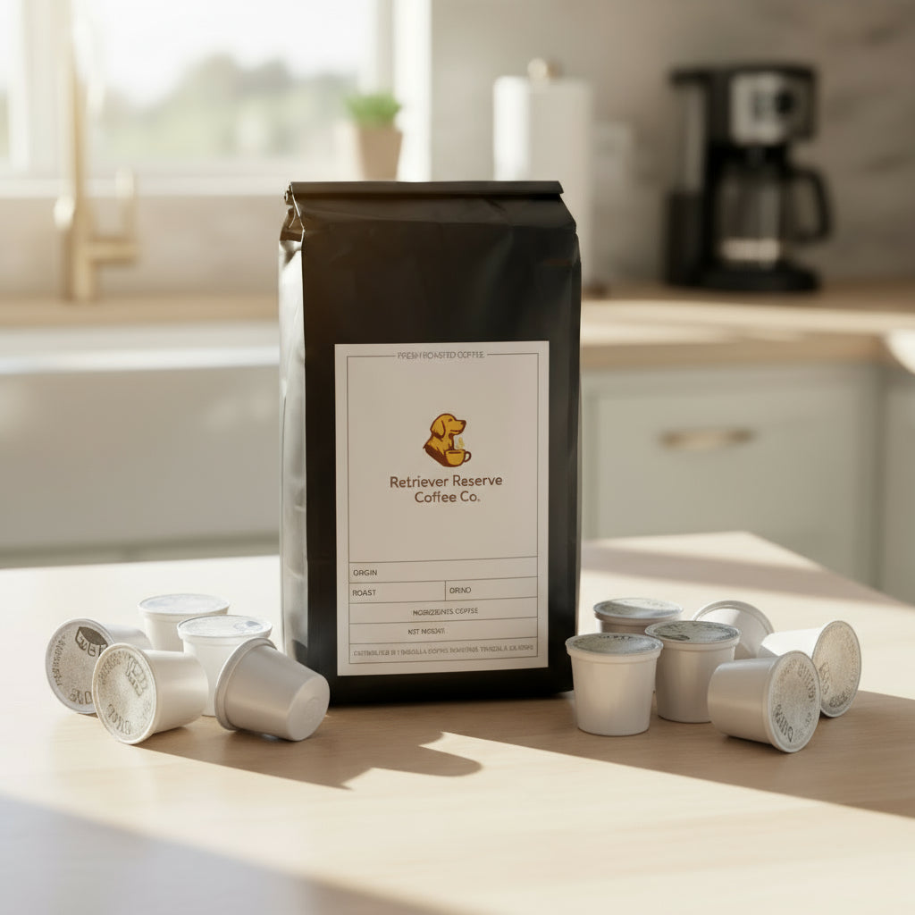 Black coffee bag with 'Retriever Reserve Coffee Co.' label on a white background