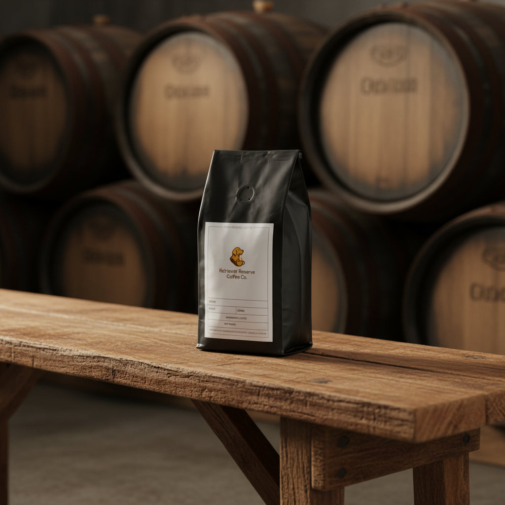 Black coffee bag with 'Retriever Reserve Coffee Co.' label on a white background