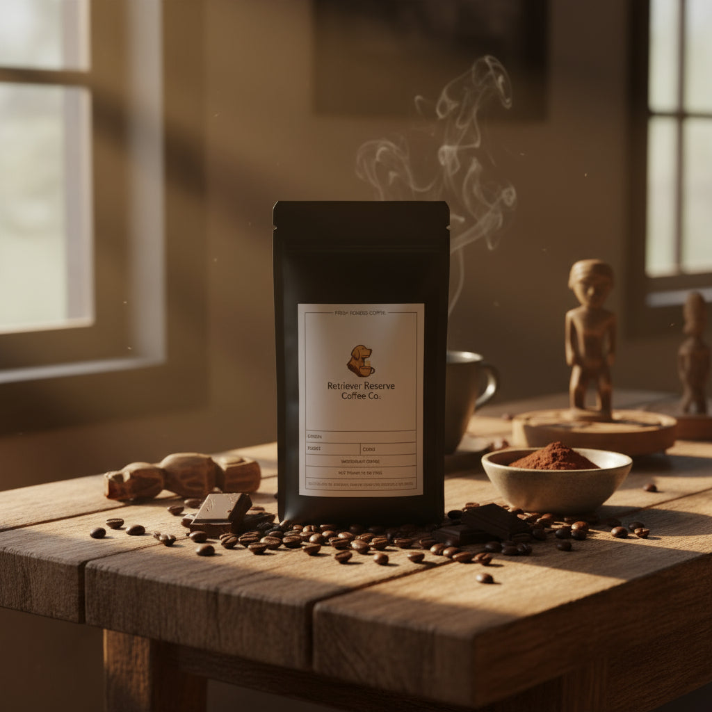 Black coffee bag with 'Retriever Reserve Coffee Co.' label on a white background