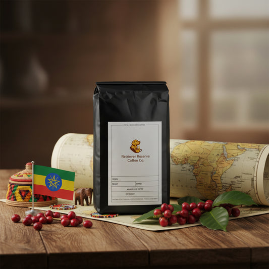 Black coffee bag with 'Retriever Reserve Coffee Co.' label on a white background