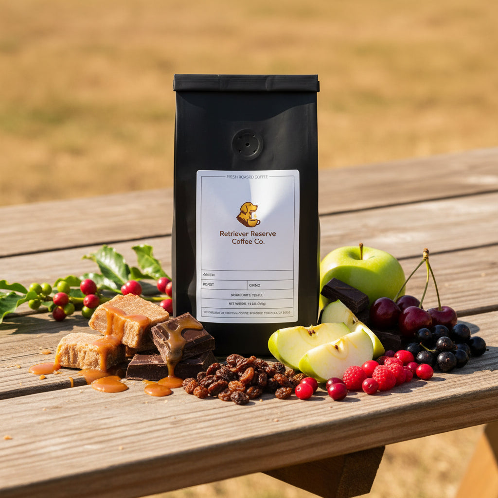 Black coffee bag with 'Retriever Reserve Coffee Co.' label on a white background