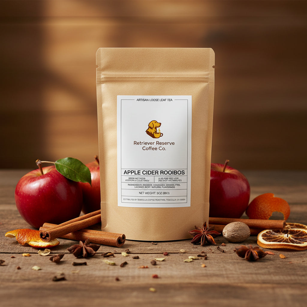 Kraft paper tea bag with a label for Retriever Reserve Coffee Co. on a white background