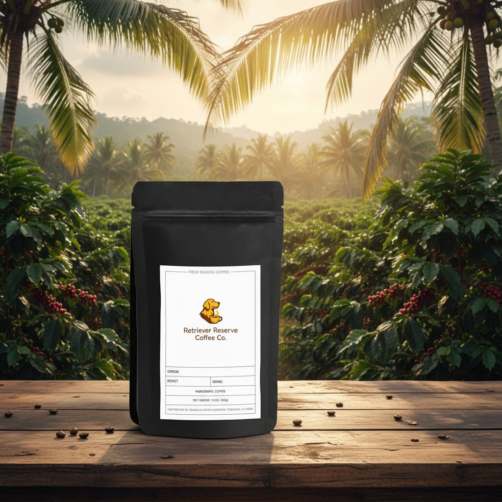 Black coffee bag with 'Retriever Reserve Coffee Co.' label on a white background