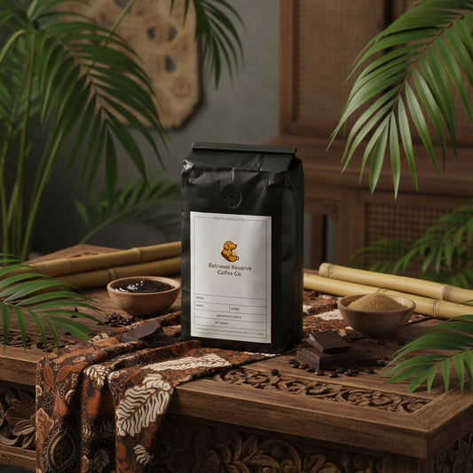 Black coffee bag with 'Retriever Reserve Coffee Co.' label on a white background