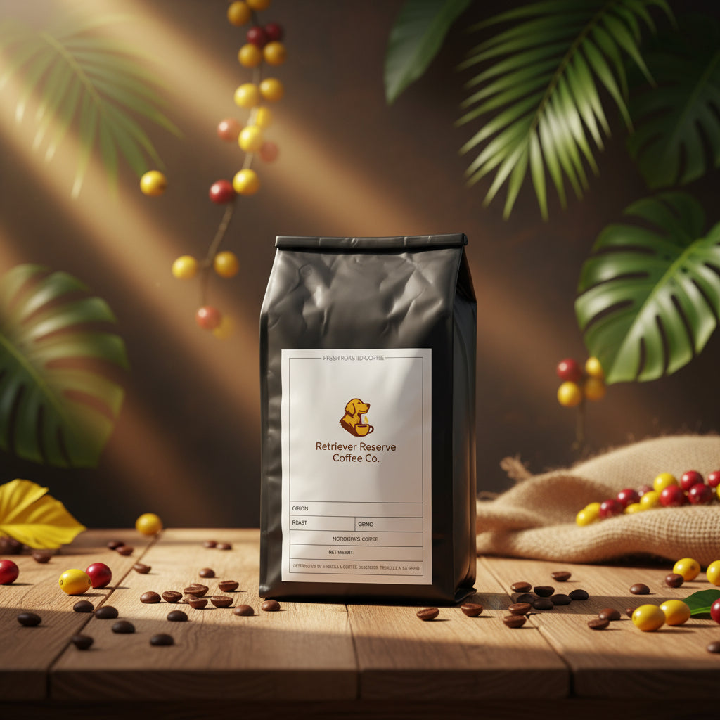 Black coffee bag with 'Retriever Reserve Coffee Co.' label on a white background