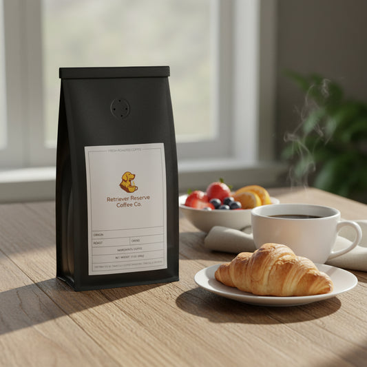 Black coffee bag with 'Retriever Reserve Coffee Co.' label on a white background
