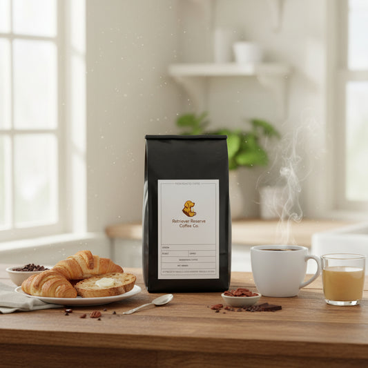Black coffee bag with 'Retriever Reserve Coffee Co.' label on a white background