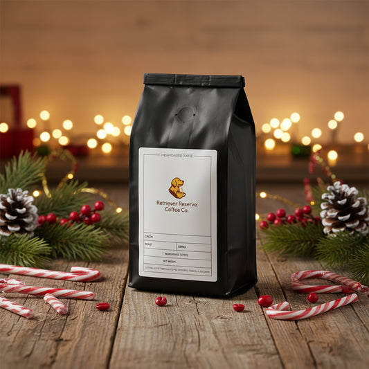 Black coffee bag with 'Retriever Reserve Coffee Co.' label on a white background