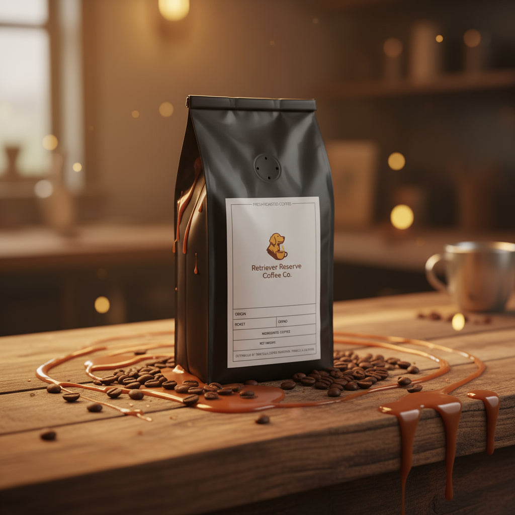 Black coffee bag with 'Retriever Reserve Coffee Co.' label on a white background