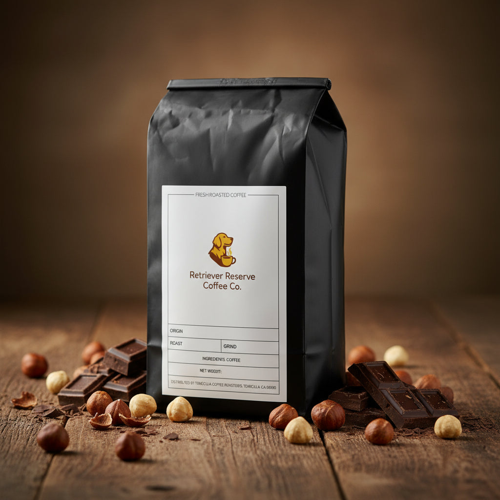 Black coffee bag with 'Retriever Reserve Coffee Co.' label on a white background