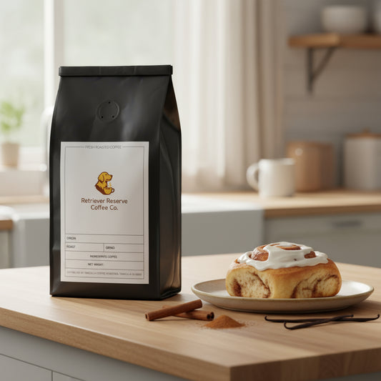 Black coffee bag with 'Retriever Reserve Coffee Co.' label on a white background