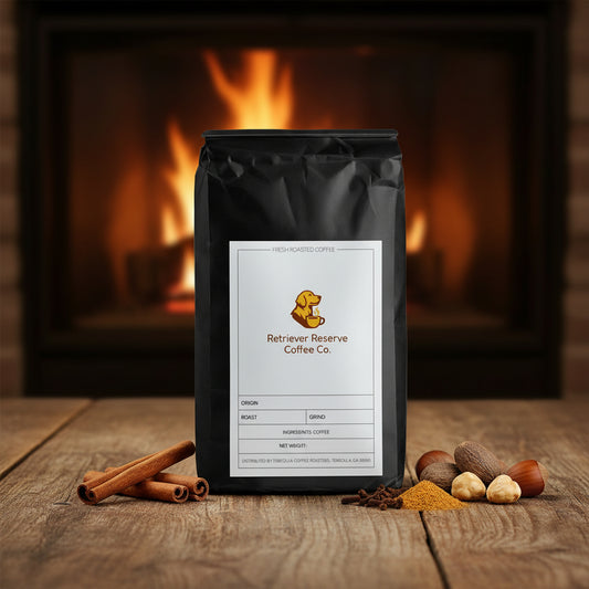 Black coffee bag with 'Retriever Reserve Coffee Co.' label on a white background