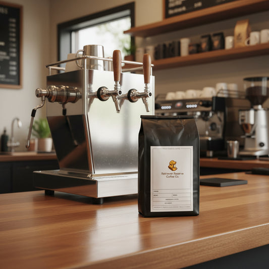 Black coffee bag with 'Retriever Reserve Coffee Co.' label on a white background