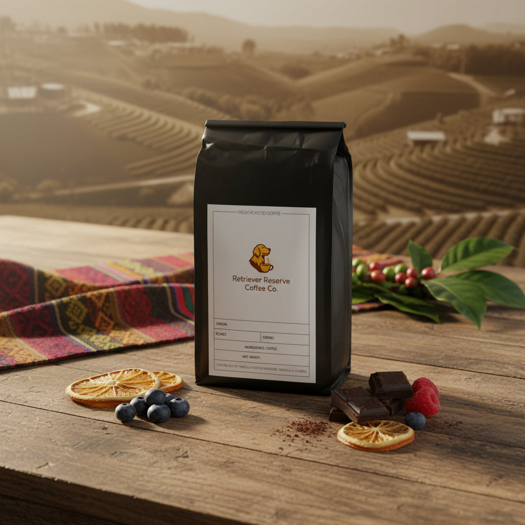 Black coffee bag with 'Retriever Reserve Coffee Co.' label on a white background