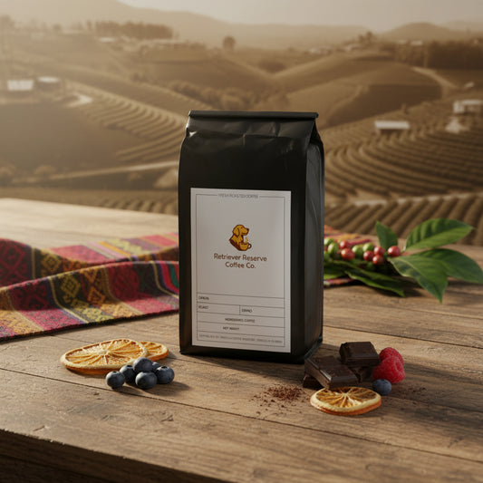 Black coffee bag with 'Retriever Reserve Coffee Co.' label on a white background