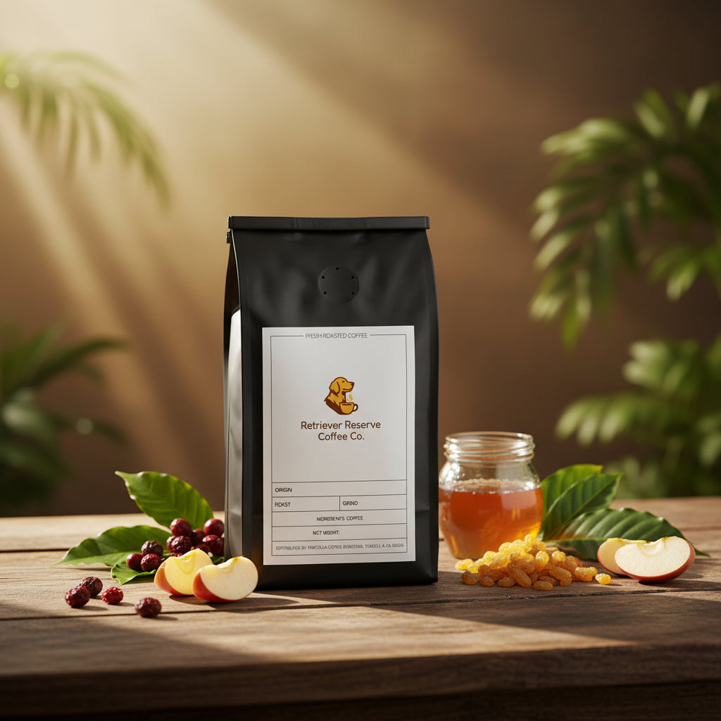 Black coffee bag with 'Retriever Reserve Coffee Co.' label on a white background
