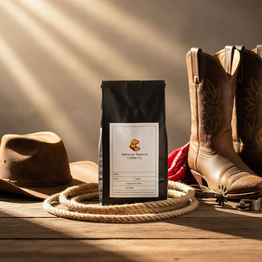 Black coffee bag with 'Retriever Reserve Coffee Co.' label on a white background