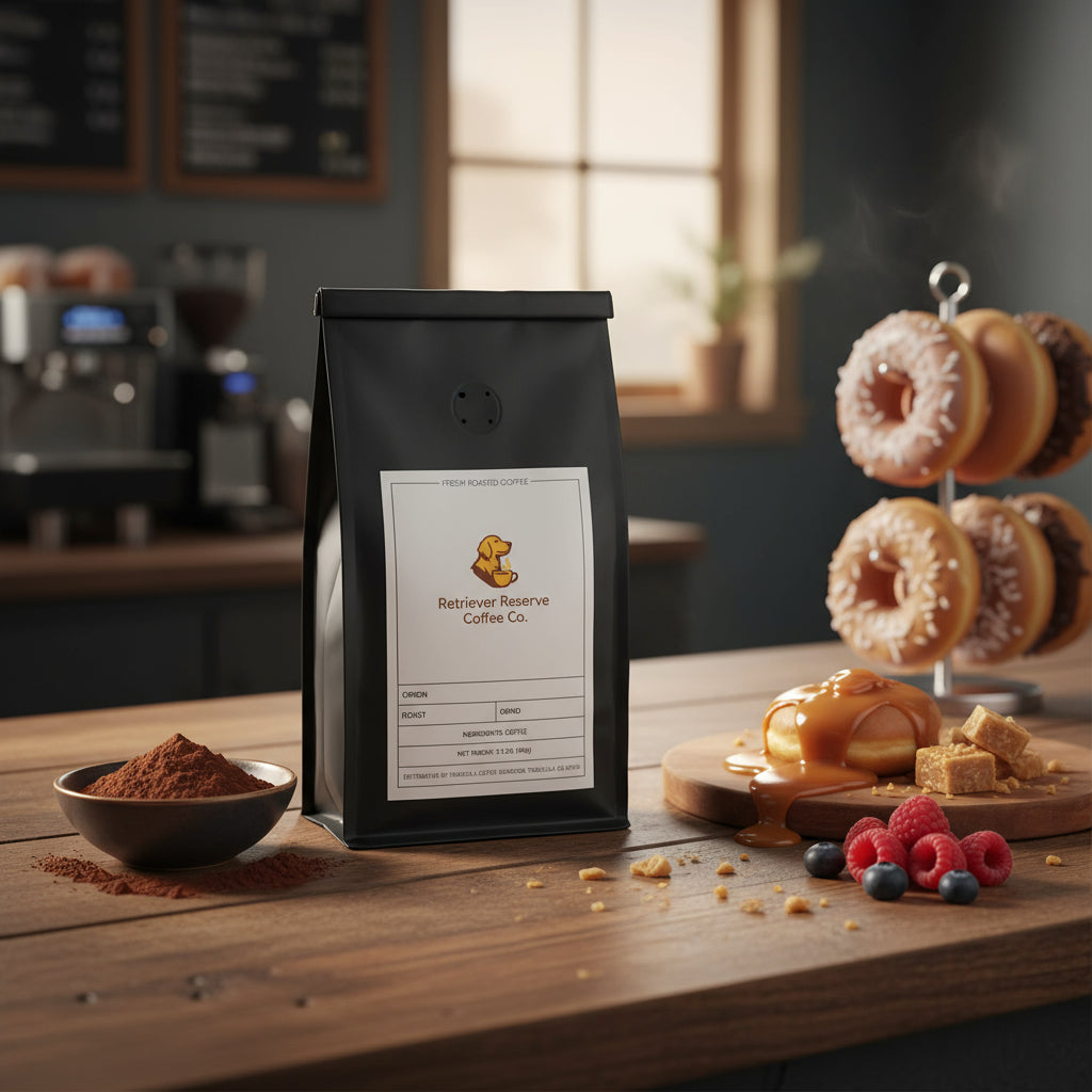 Black coffee bag with 'Retriever Reserve Coffee Co.' label on a white background