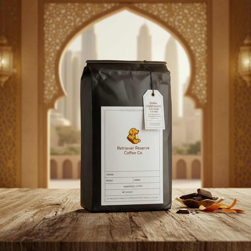 Black coffee bag with 'Retriever Reserve Coffee Co.' label on a white background