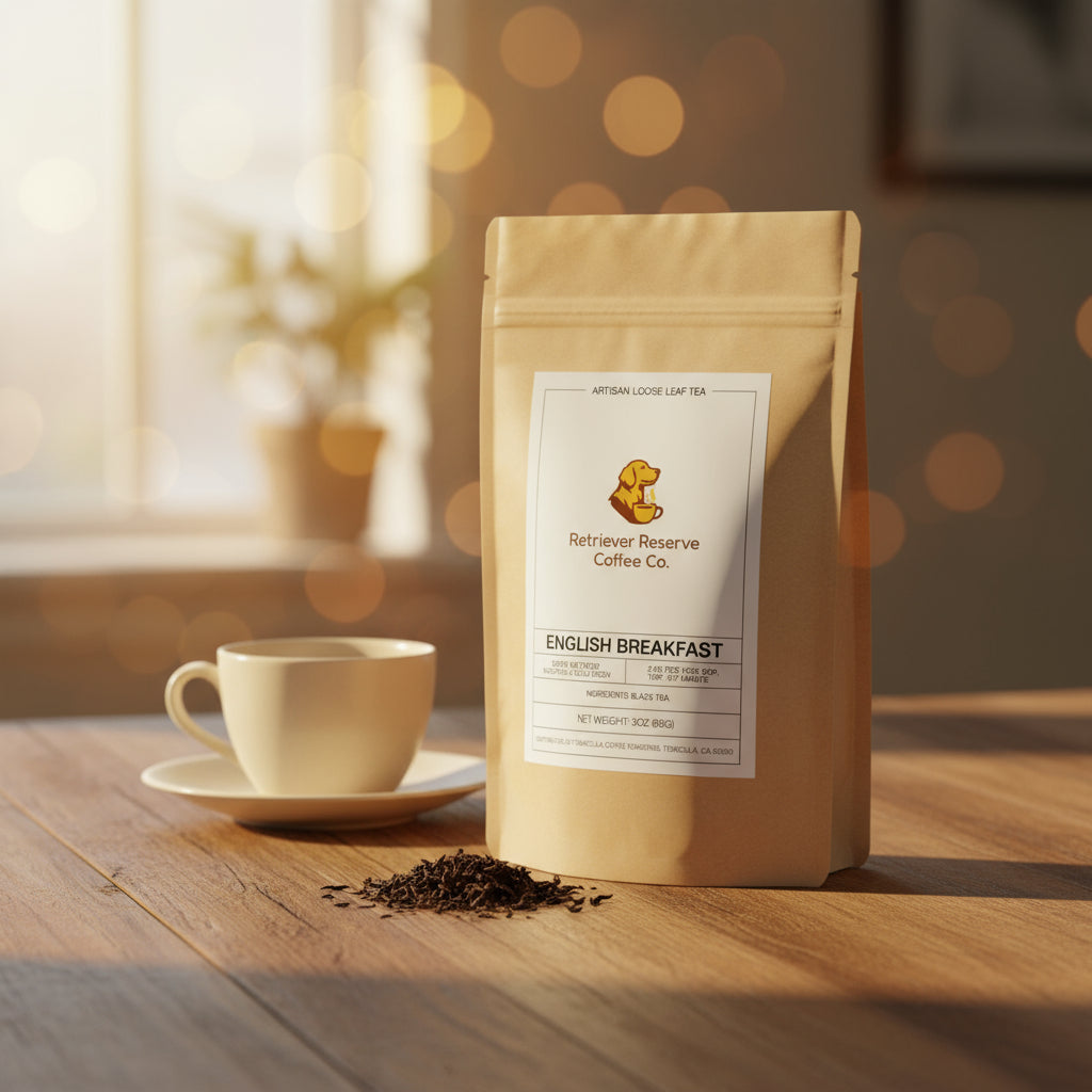 Kraft paper tea bag with 'Retriever Reserve Coffee Co.' label on a white background