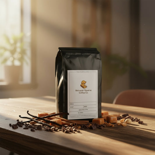 Black coffee bag with 'Retriever Reserve Coffee Co.' label on a white background