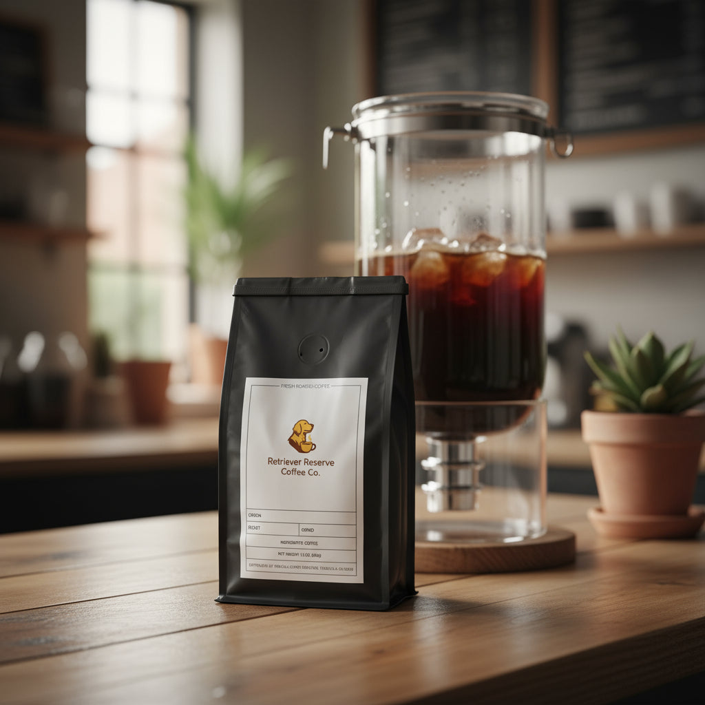 Black coffee bag with 'Retriever Reserve Coffee Co.' label on a white background