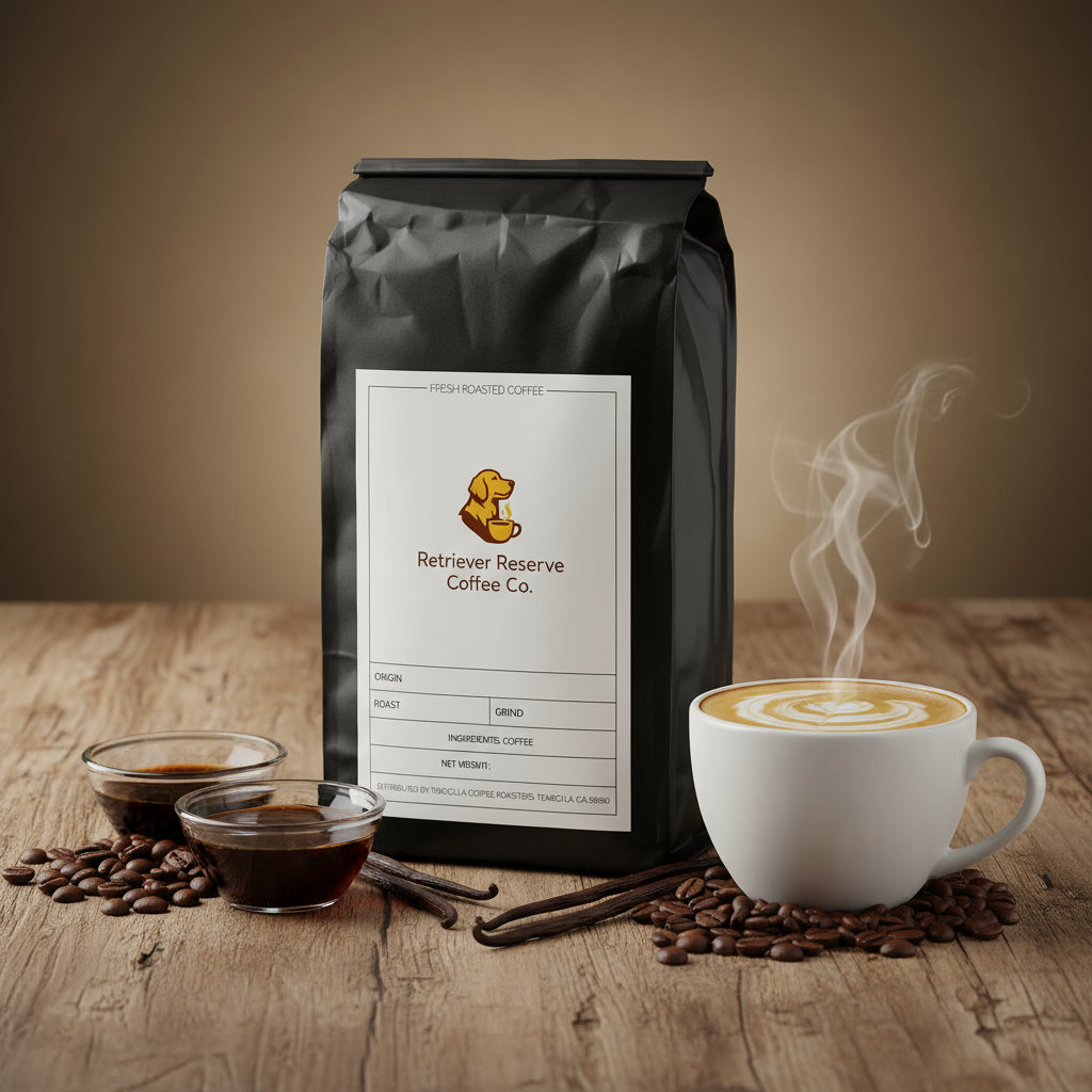 Black coffee bag with 'Retriever Reserve Coffee Co.' label on a white background
