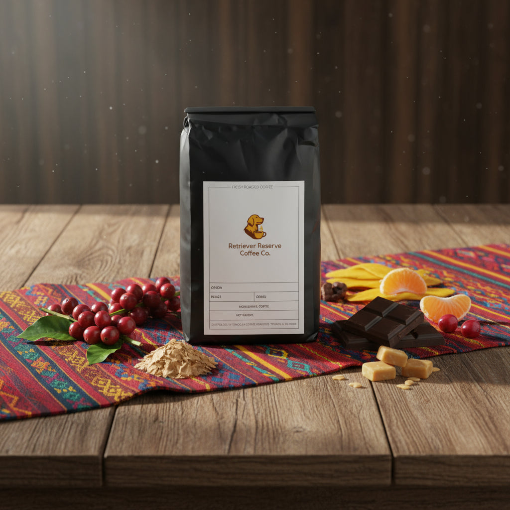 Black coffee bag with 'Retriever Reserve Coffee Co.' label on a white background