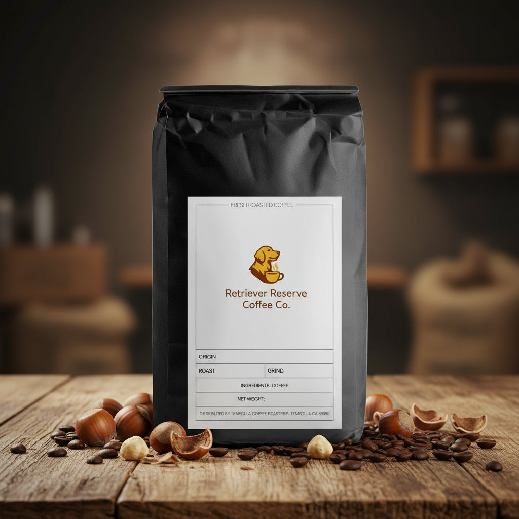 Black coffee bag with 'Retriever Reserve Coffee Co.' label on a white background