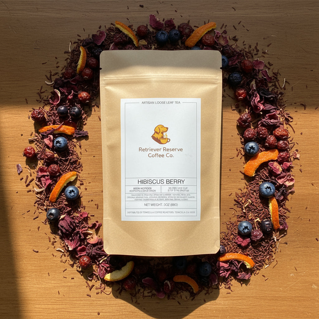 Kraft paper tea bag with 'Retriever Reserve Coffee Co.' label on a white background