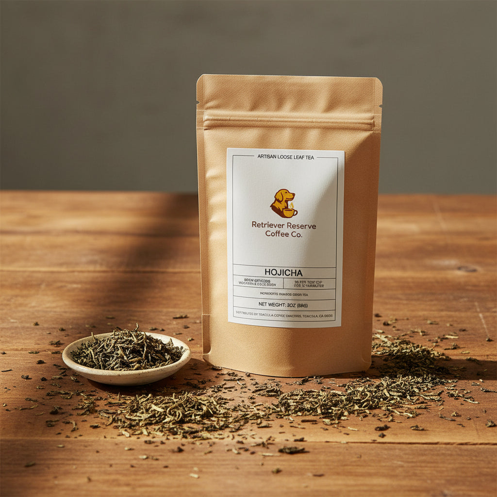 Kraft paper tea bag with 'Retriever Reserve Coffee Co.' label on a white background