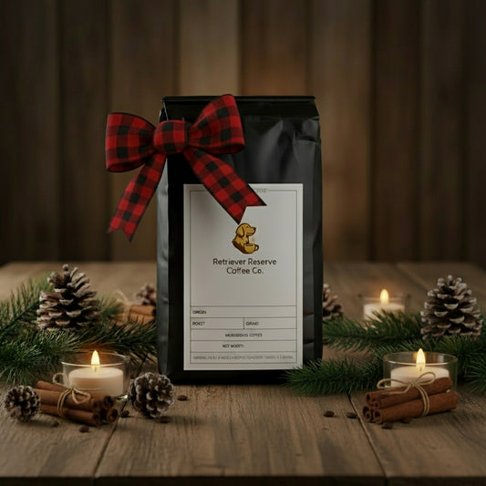 Black coffee bag with 'Retriever Reserve Coffee Co.' label on a white background