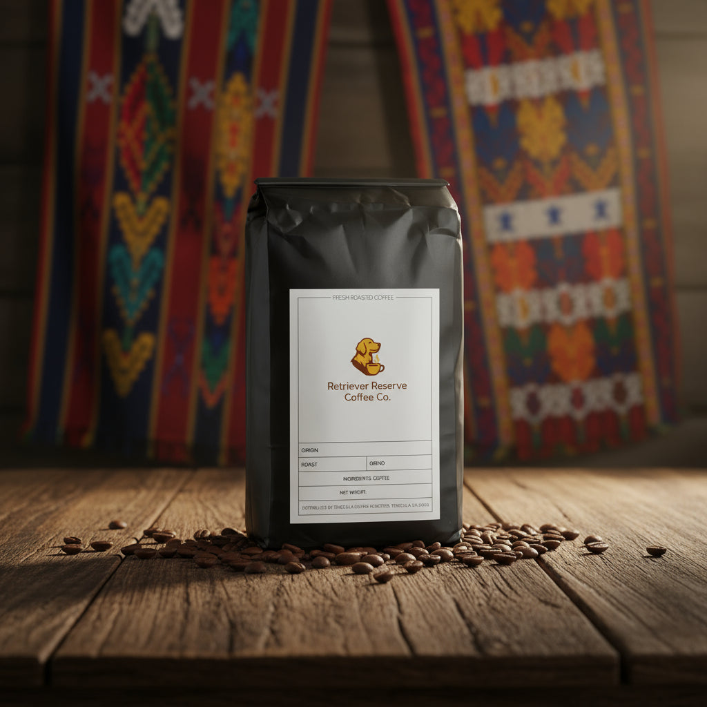 Black coffee bag with 'Retriever Reserve Coffee Co.' label on a white background