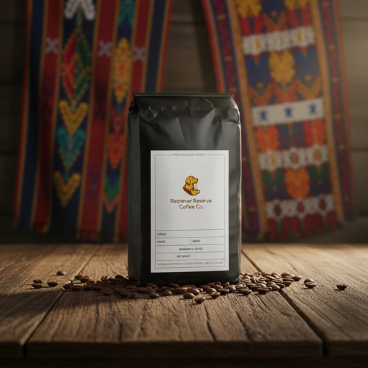 Black coffee bag with 'Retriever Reserve Coffee Co.' label on a white background