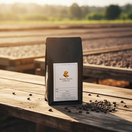 Black coffee bag with 'Retriever Reserve Coffee Co.' label on a white background