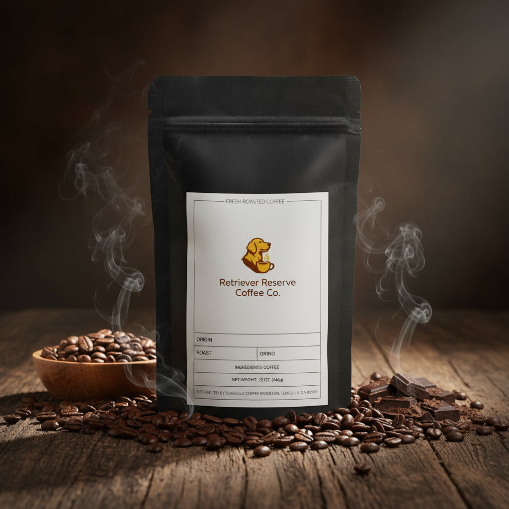 Black coffee bag with 'Retriever Reserve Coffee Co.' label on a white background
