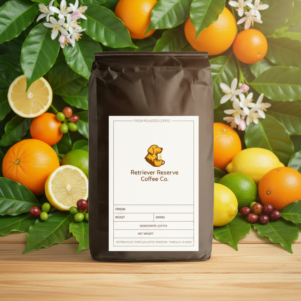 Black coffee bag with 'Retriever Reserve Coffee Co.' label on a white background