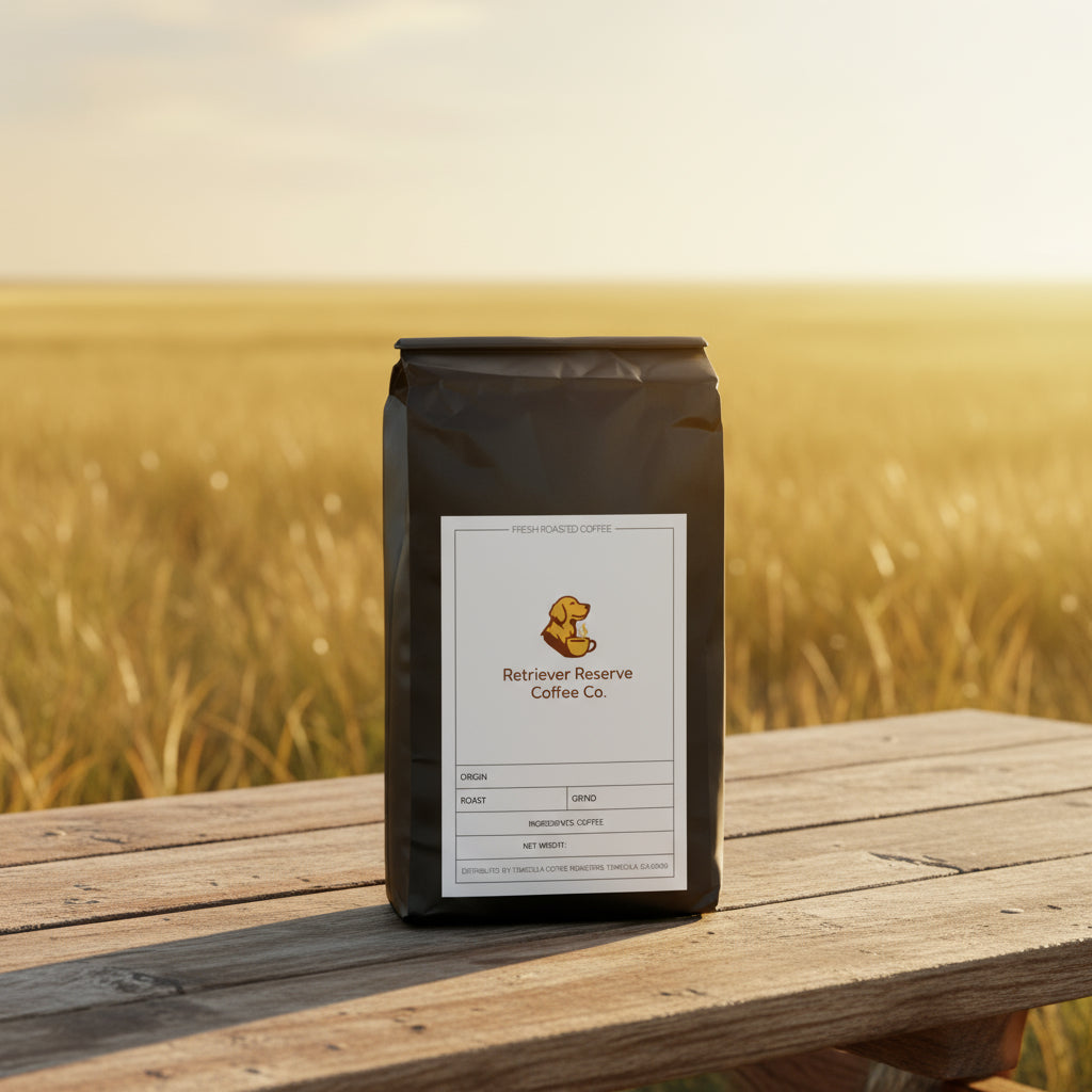 Black coffee bag with 'Retriever Reserve Coffee Co.' label on a white background